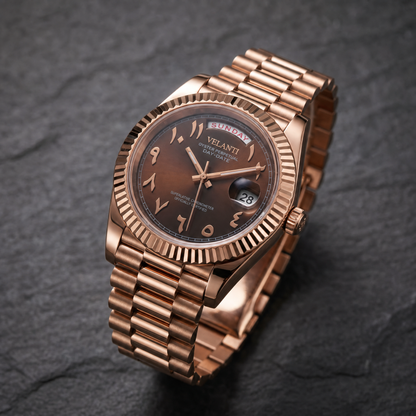 Datejust-style custom automatic watch, Velanti Milano Veljust Daydate Rose Gold Chocolate Arabic, watch detail photo