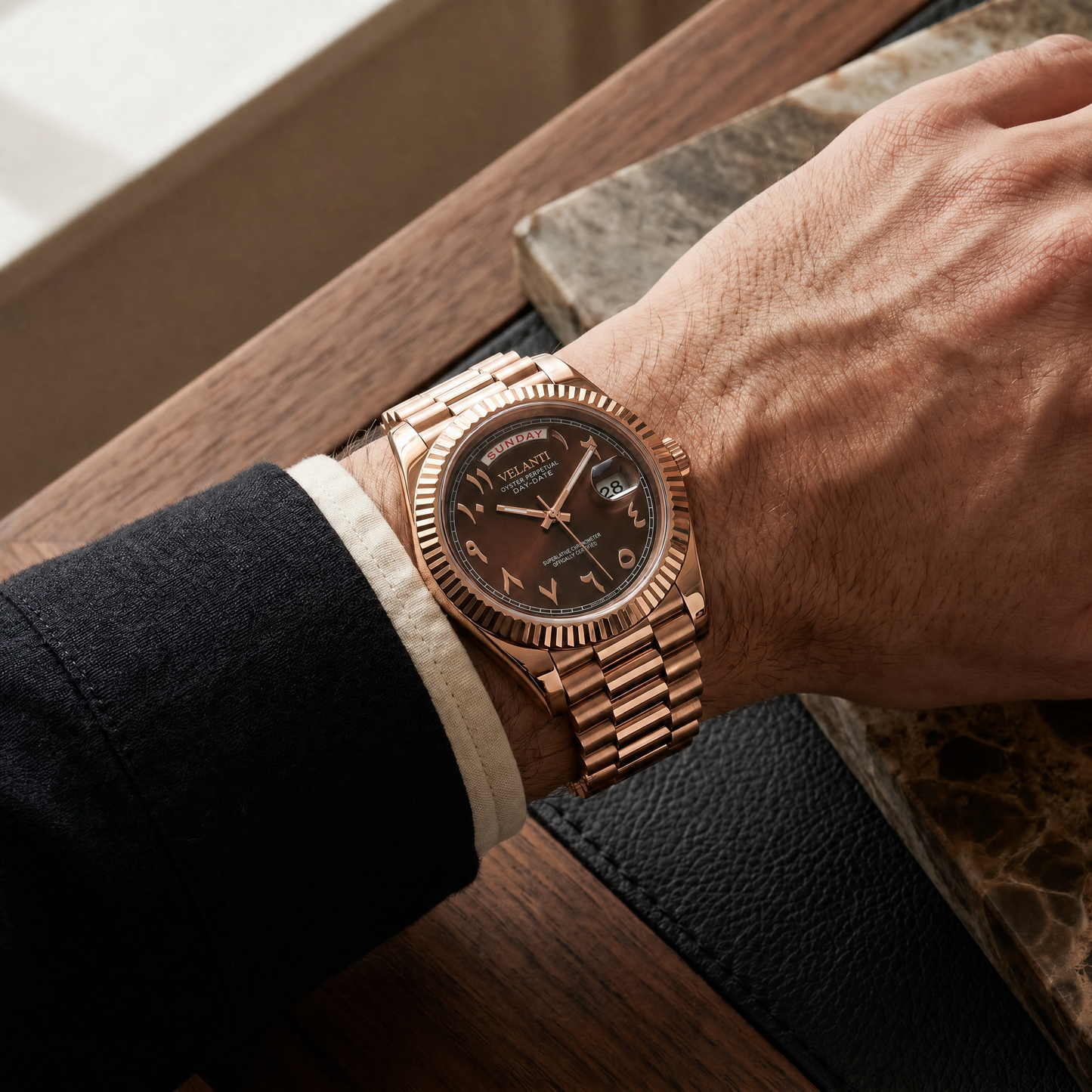 Datejust-style custom mod watch, Velanti Milano Veljust Daydate Rose Gold Chocolate Arabic worn on wrist photo 7