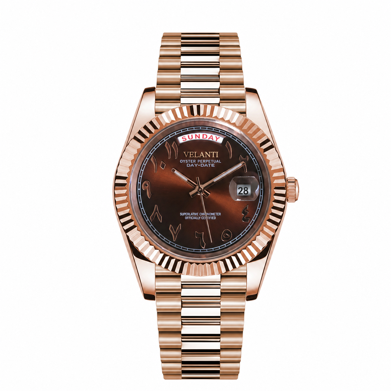 Datejust-style custom mod watch, Velanti Milano Veljust Daydate Rose Gold Chocolate Arabic, main product photo