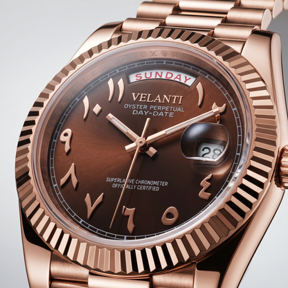 Datejust-style custom mod watch, Velanti Milano Veljust Daydate Rose Gold Chocolate Arabic, product photo 2