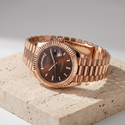 Datejust-style custom mod watch, Velanti Milano Veljust Daydate Rose Gold Chocolate, product photo 2
