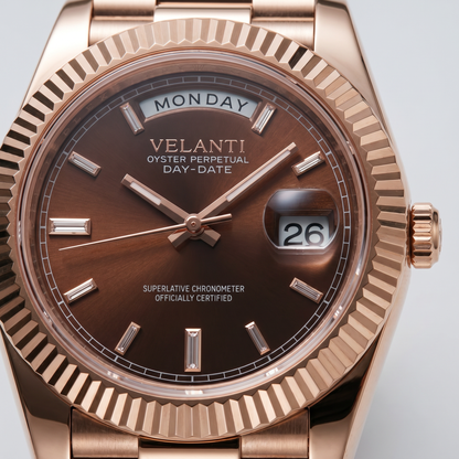 Datejust-style custom mod watch, Velanti Milano Veljust Daydate Rose Gold Chocolate, product photo 3