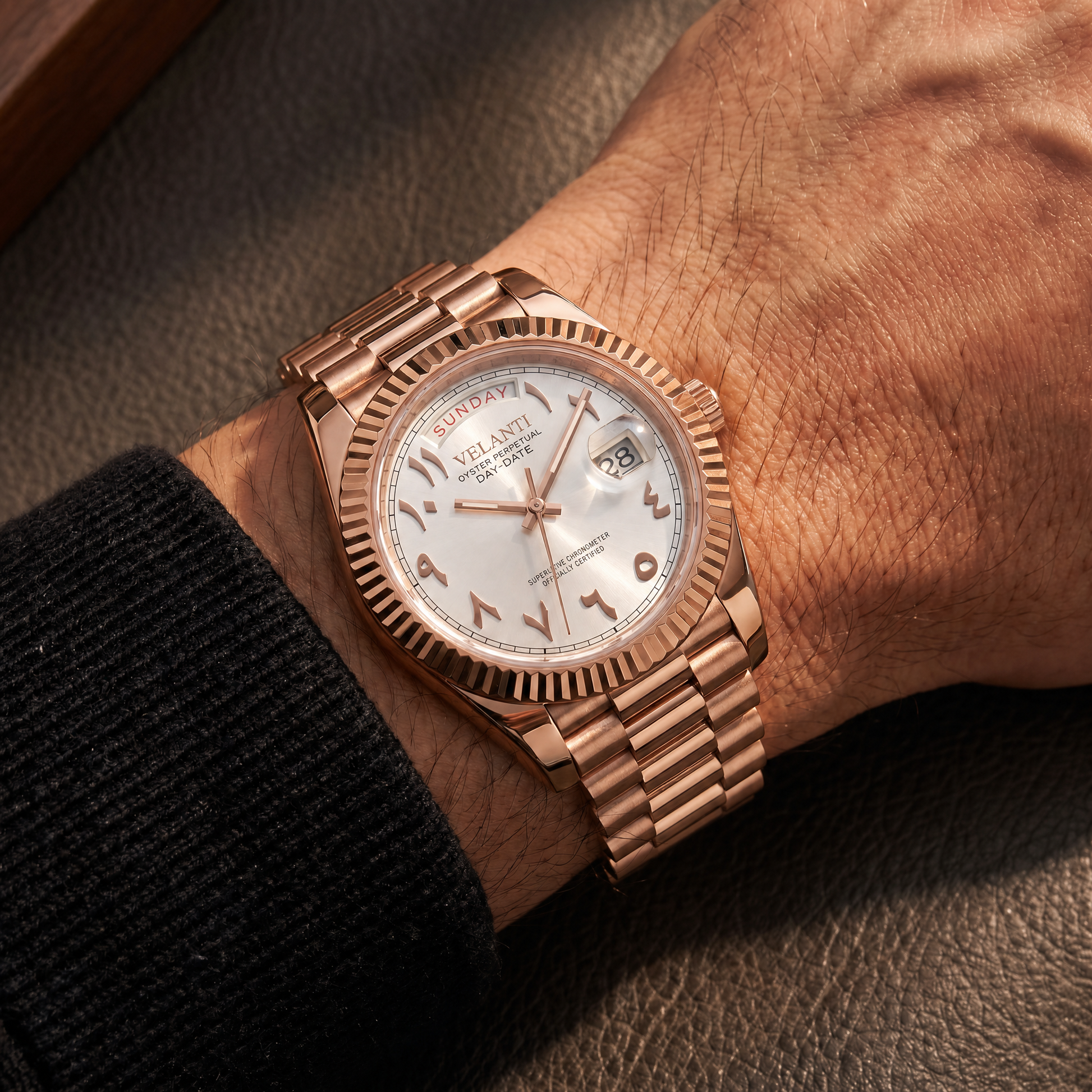 Datejust-style custom mod watch, Velanti Milano Veljust Daydate Rose Gold White Arabic worn on wrist photo 2