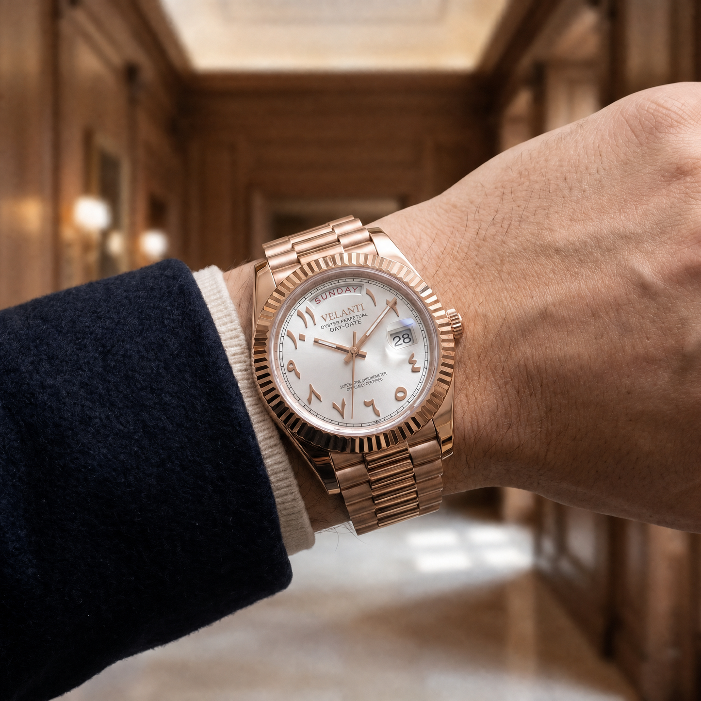 Datejust-style custom mod watch, Velanti Milano Veljust Daydate Rose Gold White Arabic, product photo 4