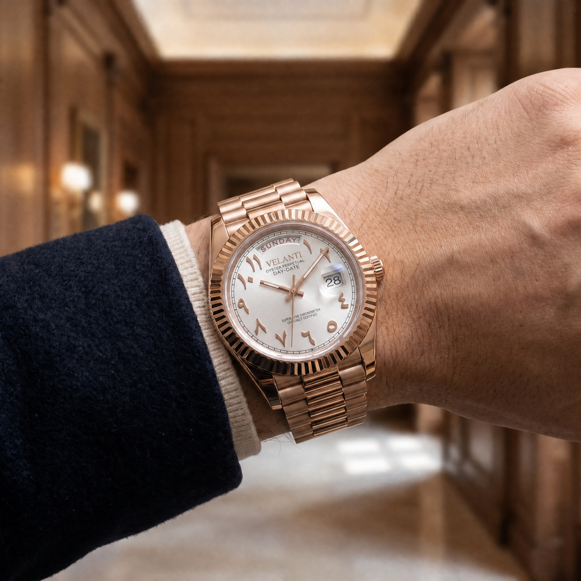 Datejust-style custom mod watch, Velanti Milano Veljust Daydate Rose Gold White Arabic, product photo 4