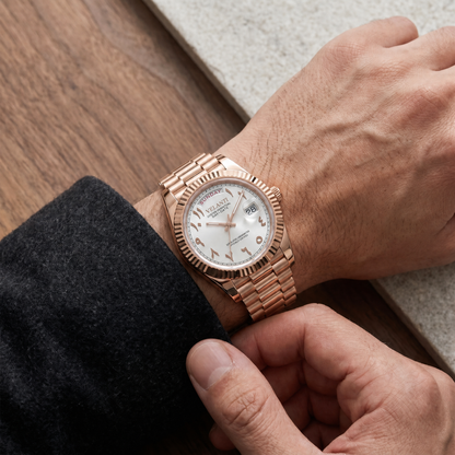 Datejust-style custom mod watch, Velanti Milano Veljust Daydate Rose Gold White Arabic worn on wrist photo 7