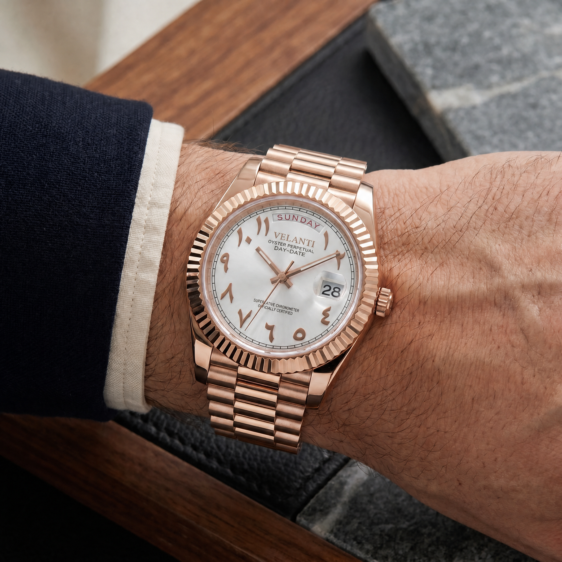 Datejust-style custom mod watch, Velanti Milano Veljust Daydate Rose Gold White Arabic worn on wrist photo 8