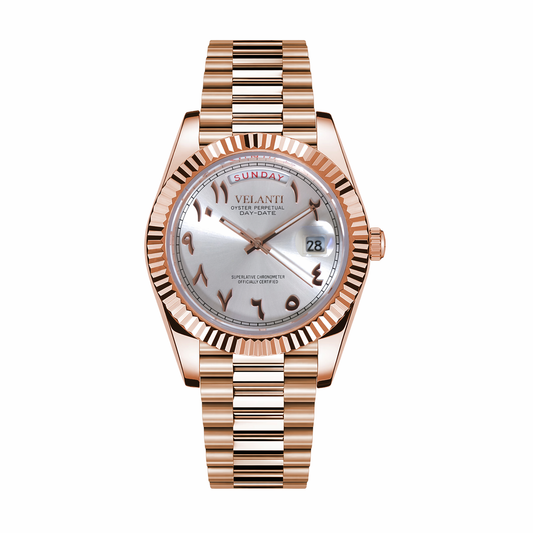 Datejust-style custom mod watch, Velanti Milano Veljust Daydate Rose Gold White Arabic, main product photo