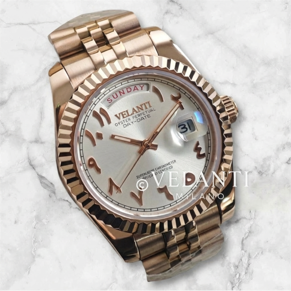 Datejust-style custom mod watch, Velanti Milano Veljust Daydate Rose Gold White Arabic, product photo 3