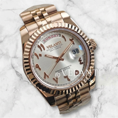 Datejust-style custom mod watch, Velanti Milano Veljust Daydate Rose Gold White Arabic, product photo 3