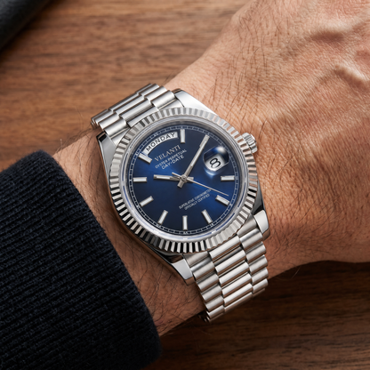Datejust-style custom mod watch, Velanti Milano Veljust Daydate Royal Blue worn on wrist photo 8