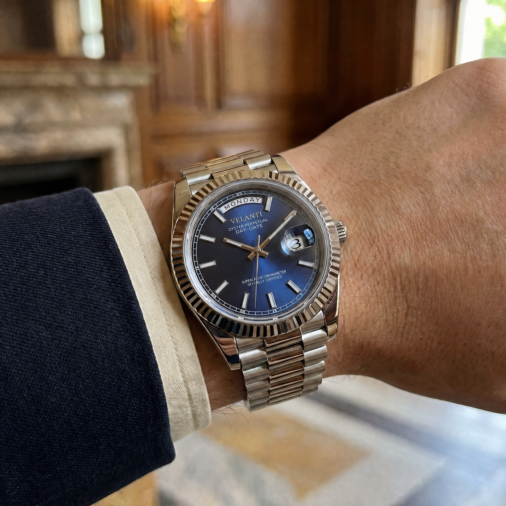 Datejust-style custom mod watch, Velanti Milano Veljust Daydate Royal Blue, product photo 9