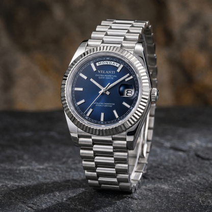 Datejust-style custom automatic watch, Velanti Milano Veljust Daydate Royal Blue, watch detail photo 11