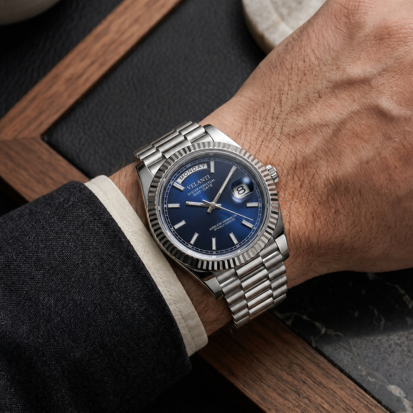 Datejust-style custom mod watch, Velanti Milano Veljust Daydate Royal Blue worn on wrist photo 12