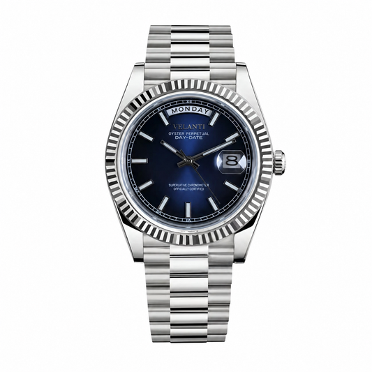 Datejust-style custom mod watch, Velanti Milano Veljust Daydate Royal Blue, main product photo