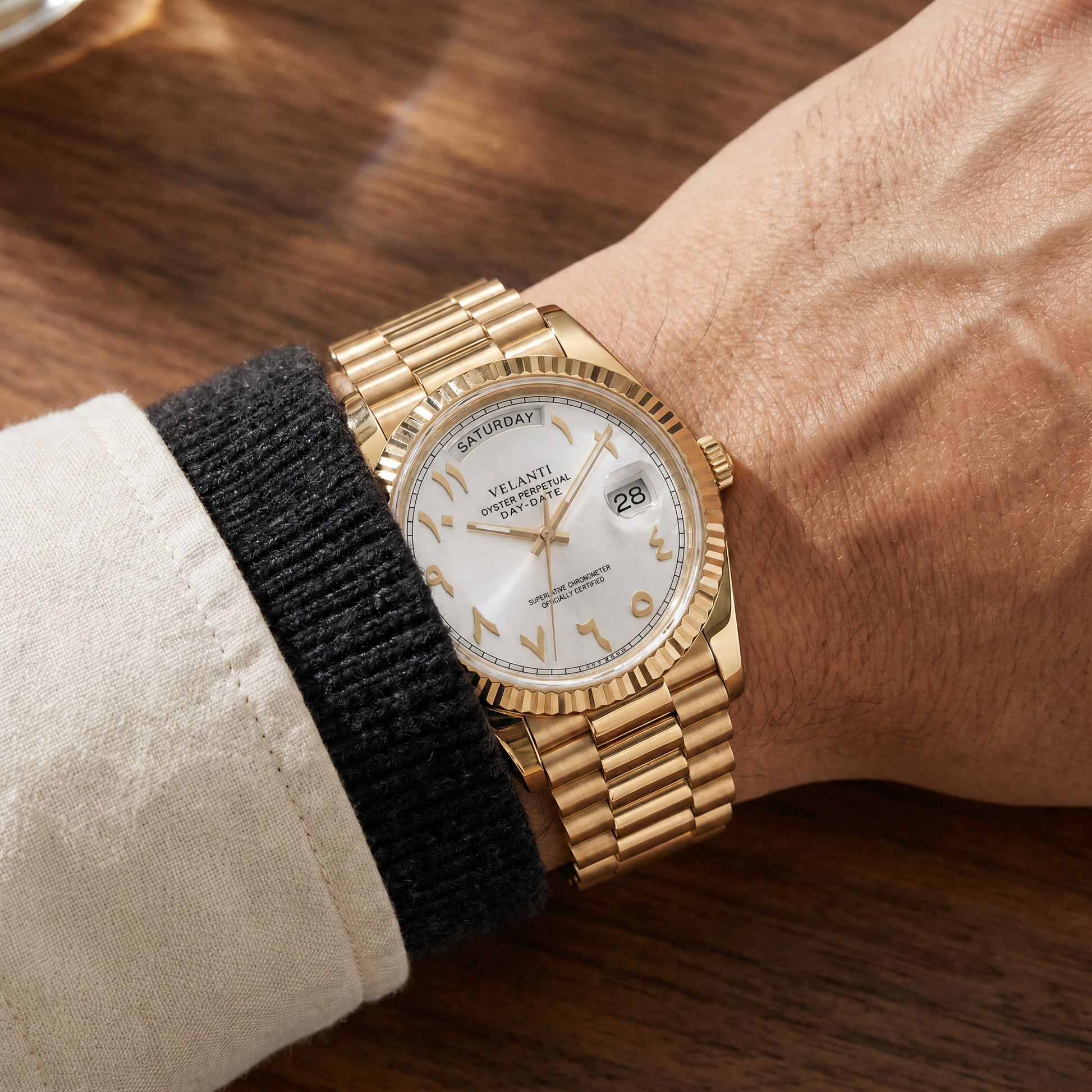 Datejust-style custom mod watch, Velanti Milano Veljust Daydate Yellow Gold White Arabic, product photo 2