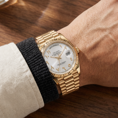 Datejust-style custom mod watch, Velanti Milano Veljust Daydate Yellow Gold White Arabic, product photo 2
