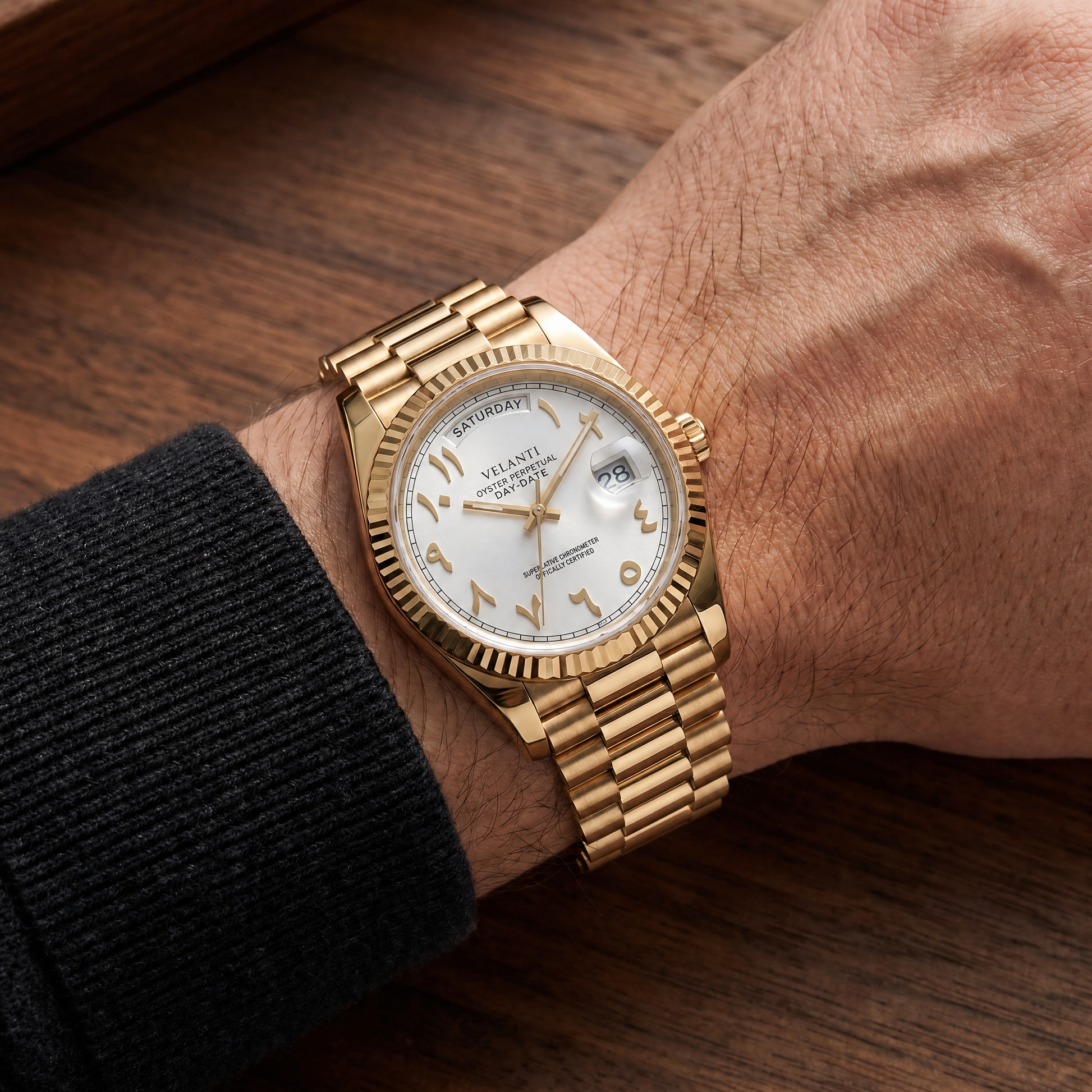 Datejust-style custom mod watch, Velanti Milano Veljust Daydate Yellow Gold White Arabic worn on wrist photo 3