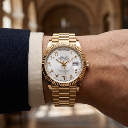 Datejust-style custom mod watch, Velanti Milano Veljust Daydate Yellow Gold White Arabic, product photo 6