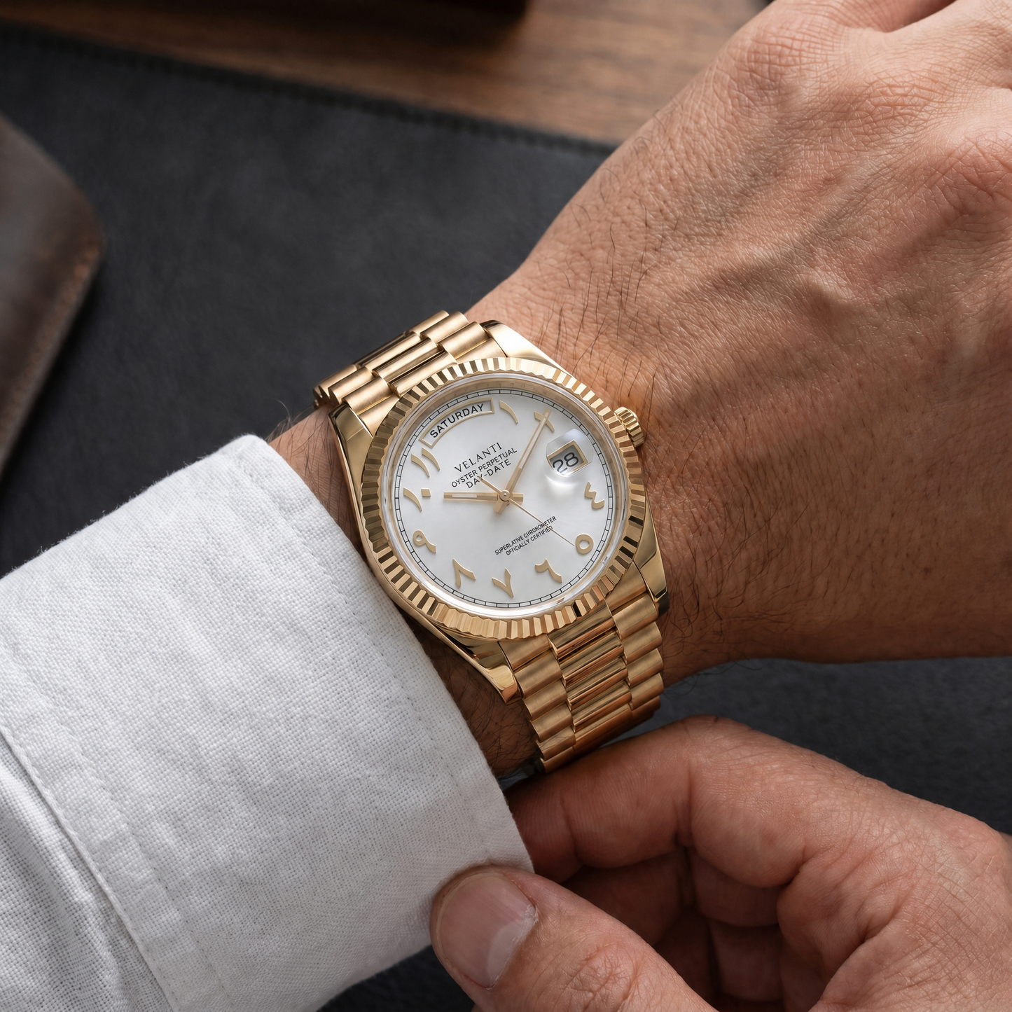 Datejust-style custom mod watch, Velanti Milano Veljust Daydate Yellow Gold White Arabic worn on wrist photo 7