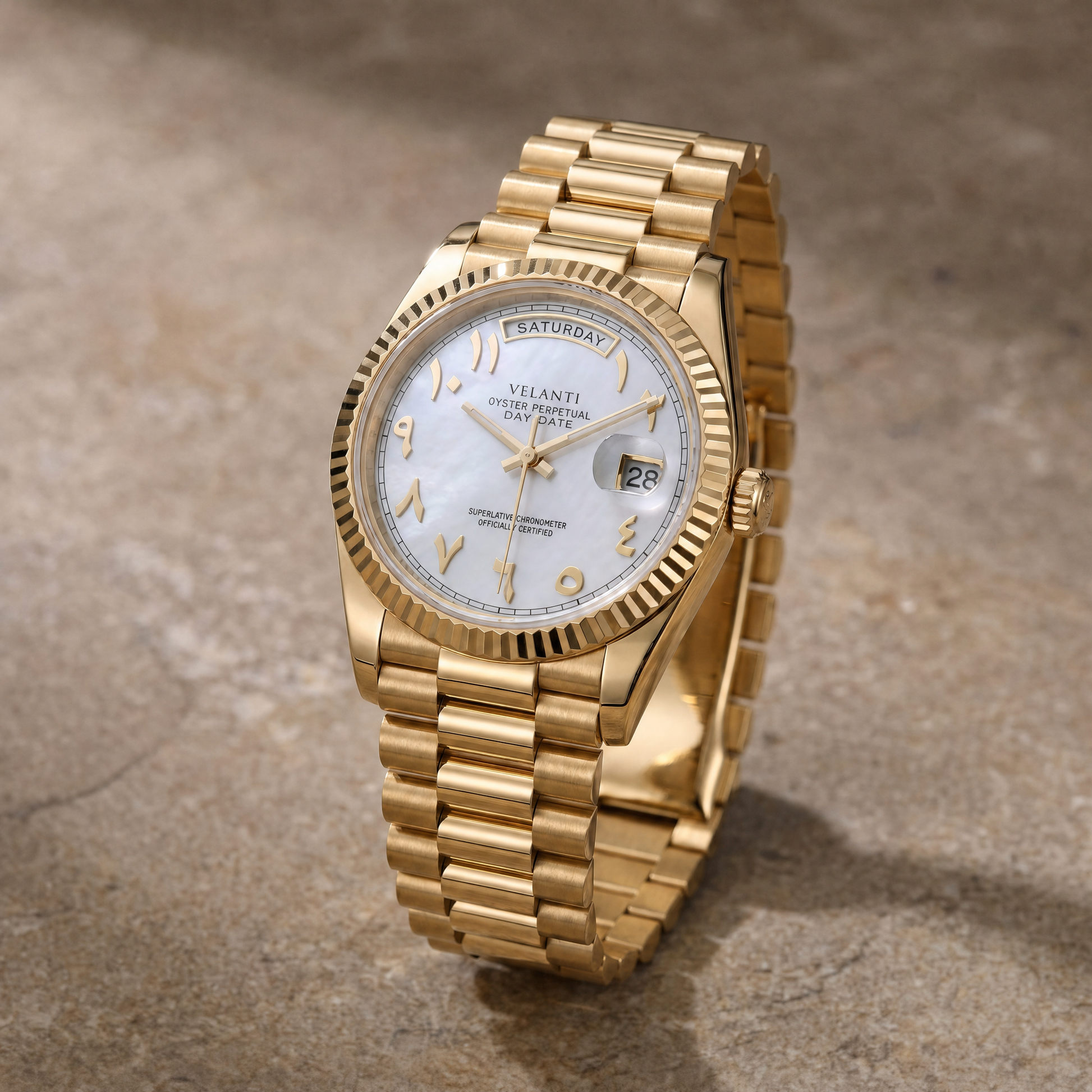 Datejust-style custom automatic watch, Velanti Milano Veljust Daydate Yellow Gold White Arabic, watch detail photo