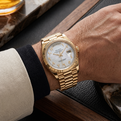 Datejust-style custom mod watch, Velanti Milano Veljust Daydate Yellow Gold White Arabic worn on wrist photo 9