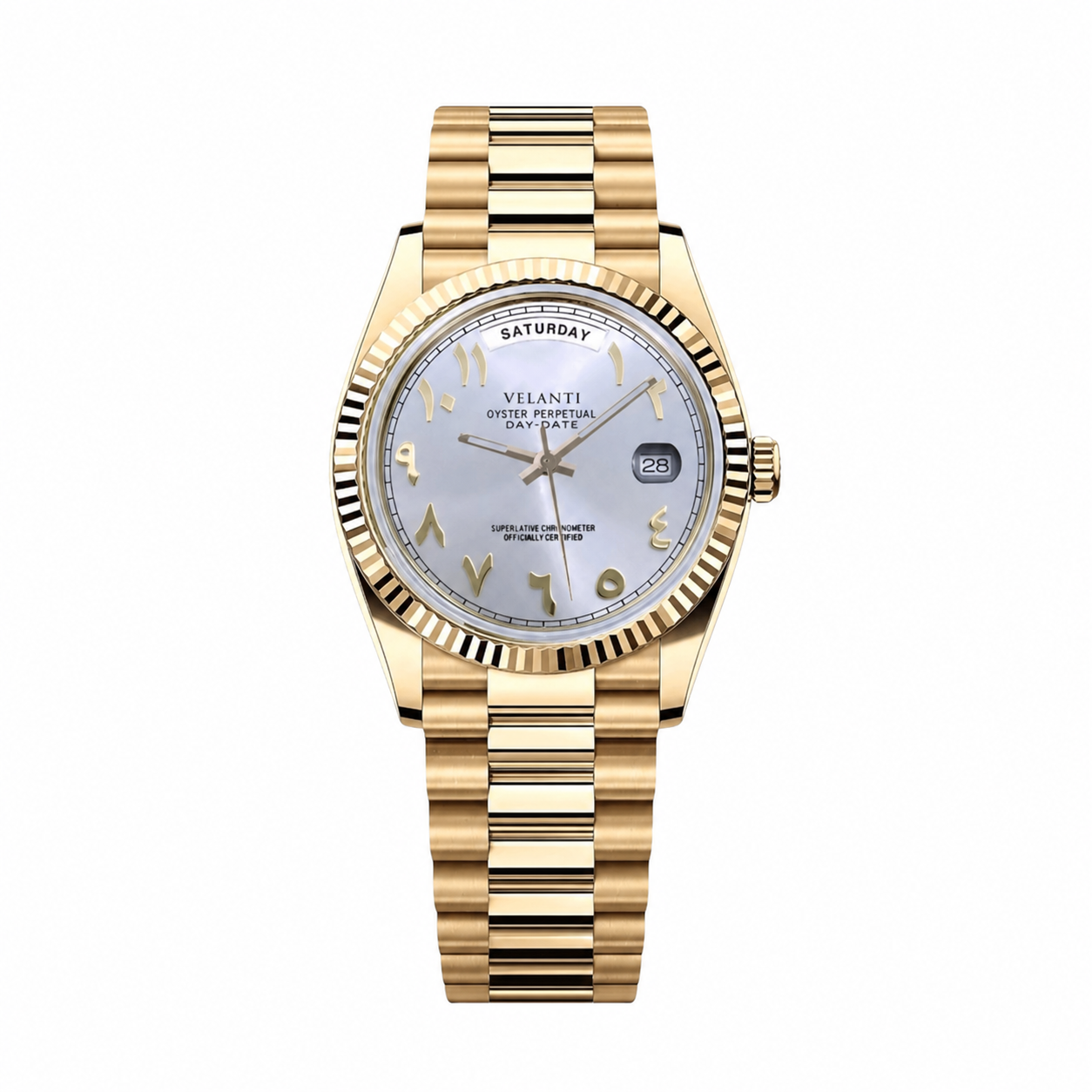 Datejust-style custom mod watch, Velanti Milano Veljust Daydate Yellow Gold White Arabic, main product photo