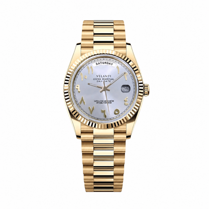 Datejust-style custom mod watch, Velanti Milano Veljust Daydate Yellow Gold White Arabic, main product photo