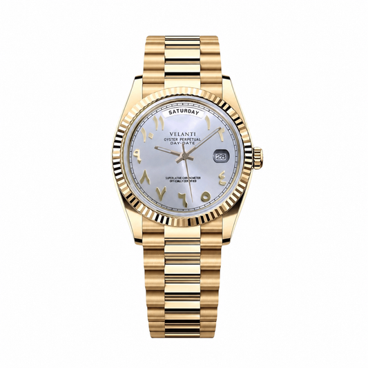 Datejust-style custom mod watch, Velanti Milano Veljust Daydate Yellow Gold White Arabic, main product photo