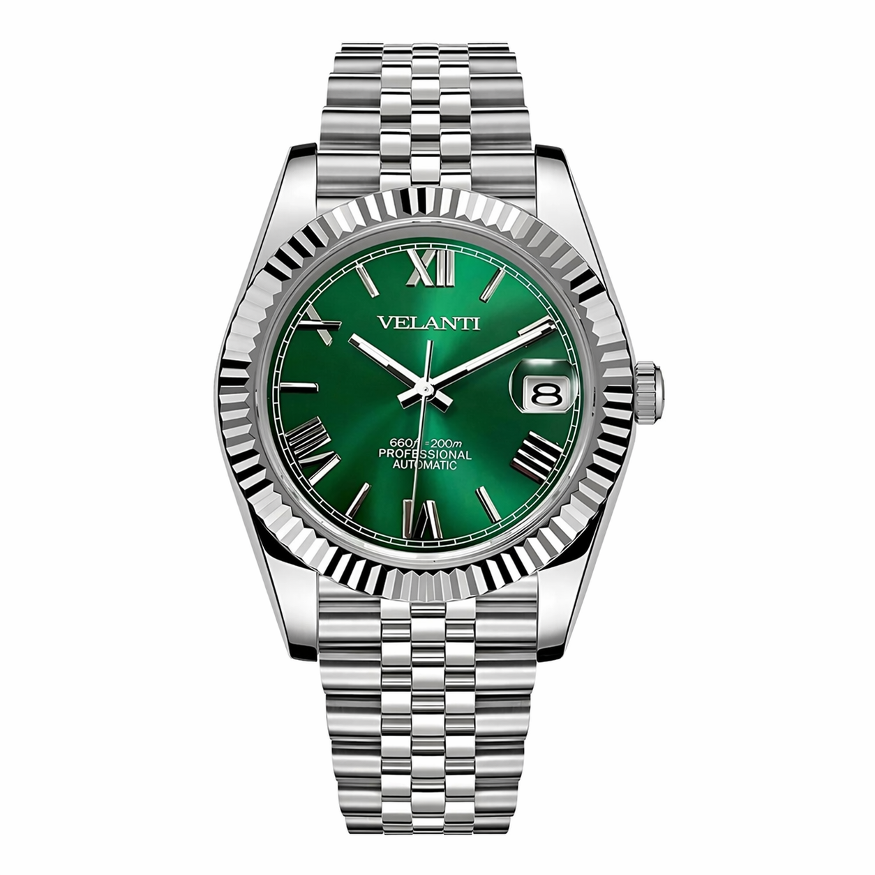 Datejust-style custom mod watch, Velanti Milano Veljust Green Roman, main product photo