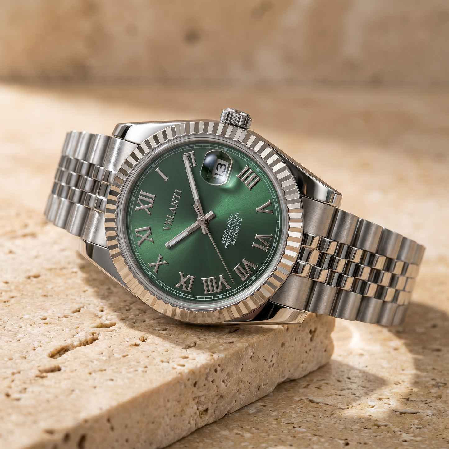 Datejust-style custom mod watch, Velanti Milano Veljust Green Roman, product photo 3