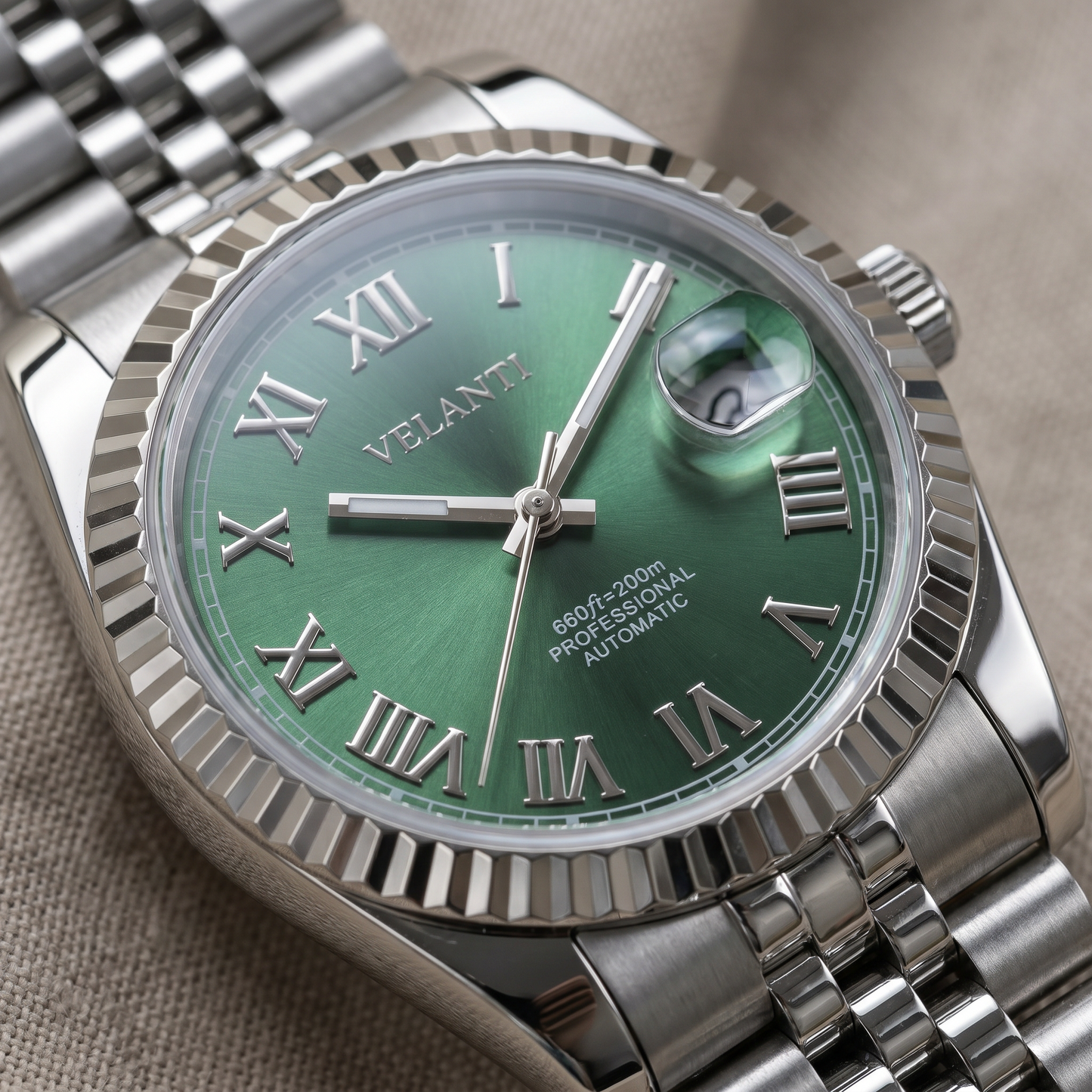 Datejust-style custom mod watch, Velanti Milano Veljust Green Roman, product photo 2