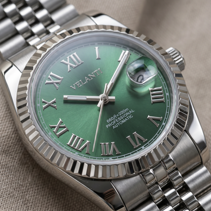 Datejust-style custom mod watch, Velanti Milano Veljust Green Roman, product photo 2