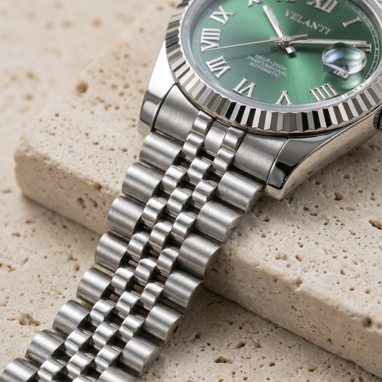 Datejust-style custom mod watch, Velanti Milano Veljust Green Roman, product photo 4