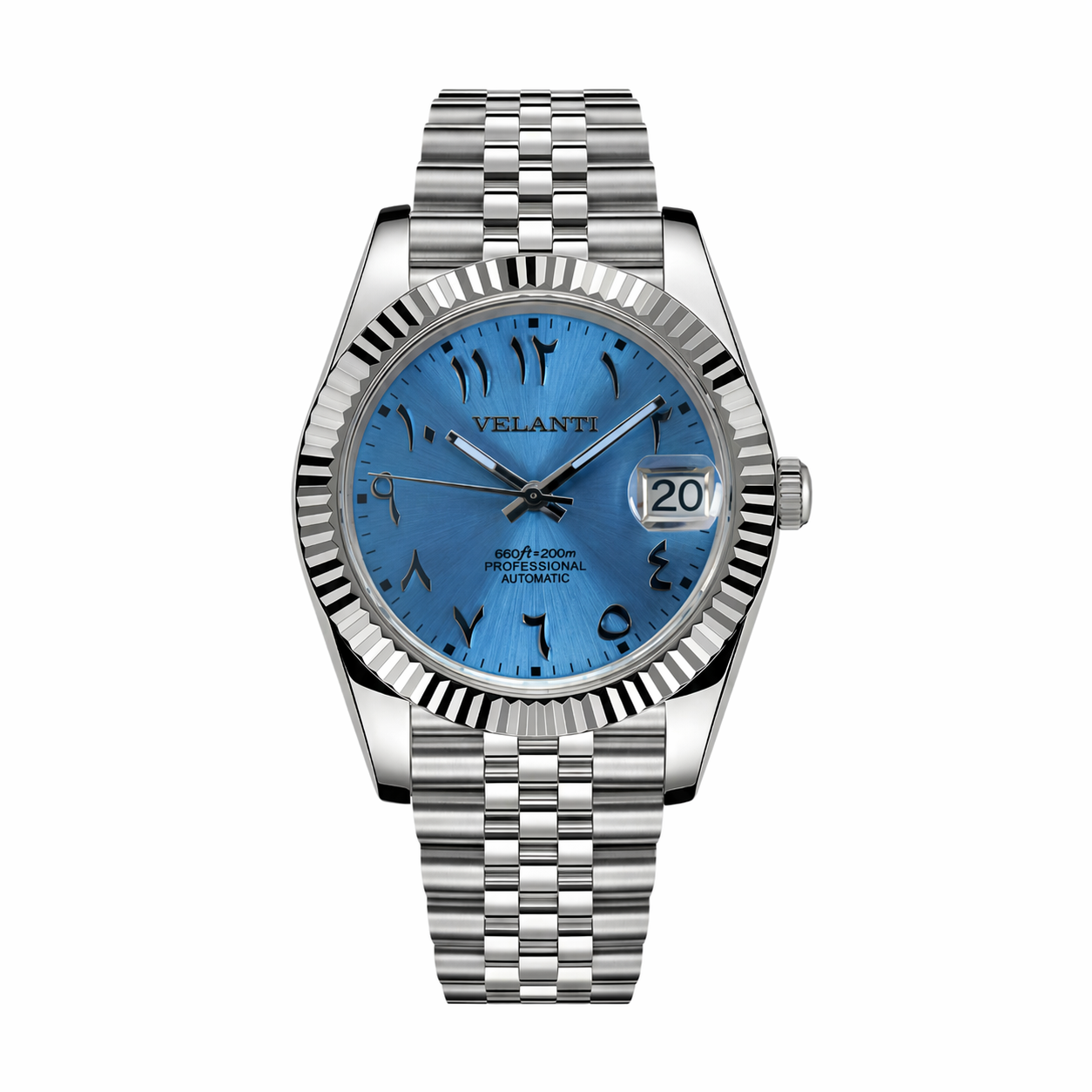Datejust-style custom mod watch, Velanti Milano Veljust Ice Blue Arabic, main product photo