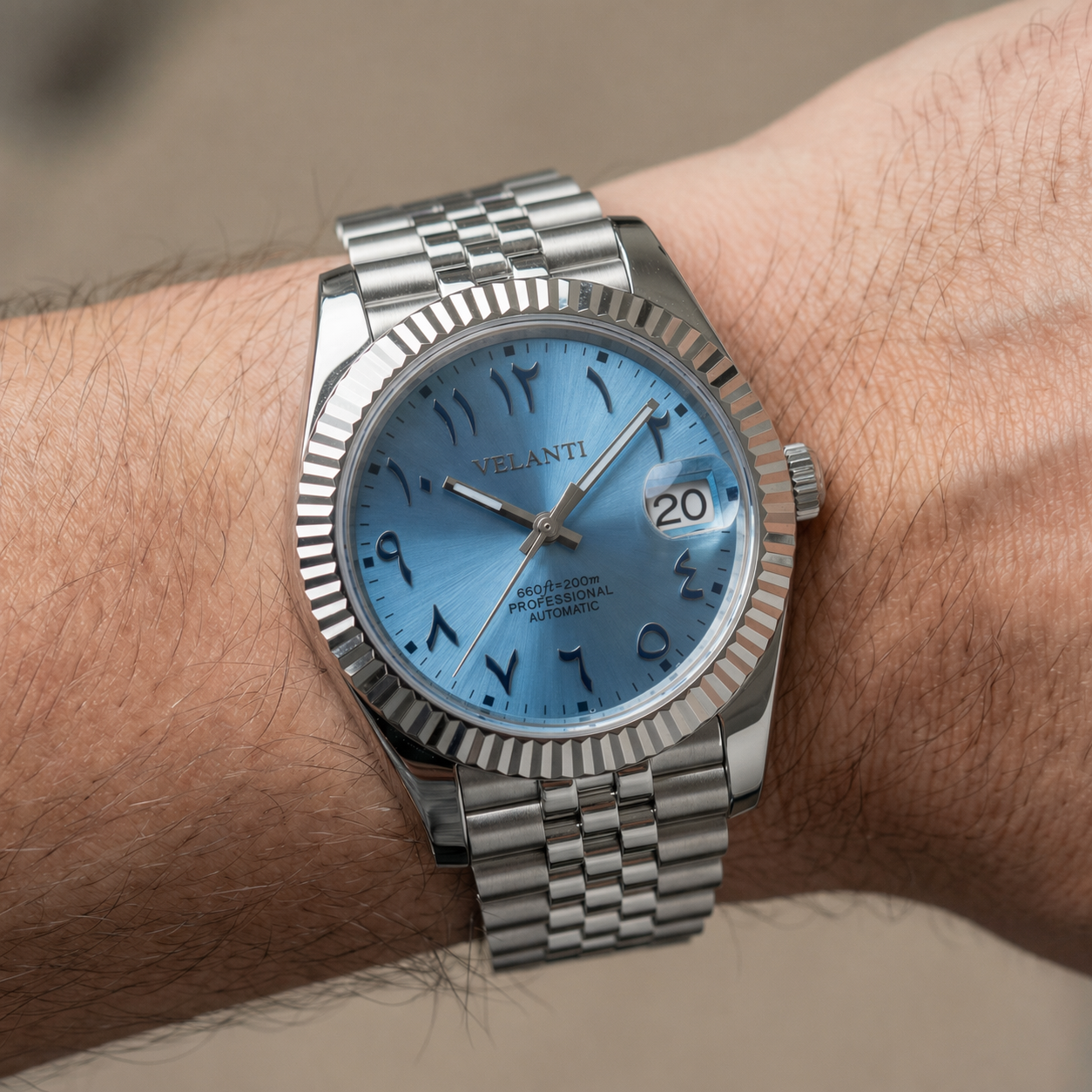 Datejust-style custom mod watch, Velanti Milano Veljust Ice Blue Arabic, product photo 3
