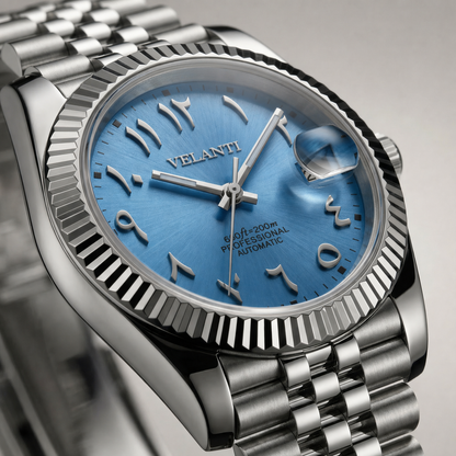 Datejust-style custom mod watch, Velanti Milano Veljust Ice Blue Arabic, product photo 2