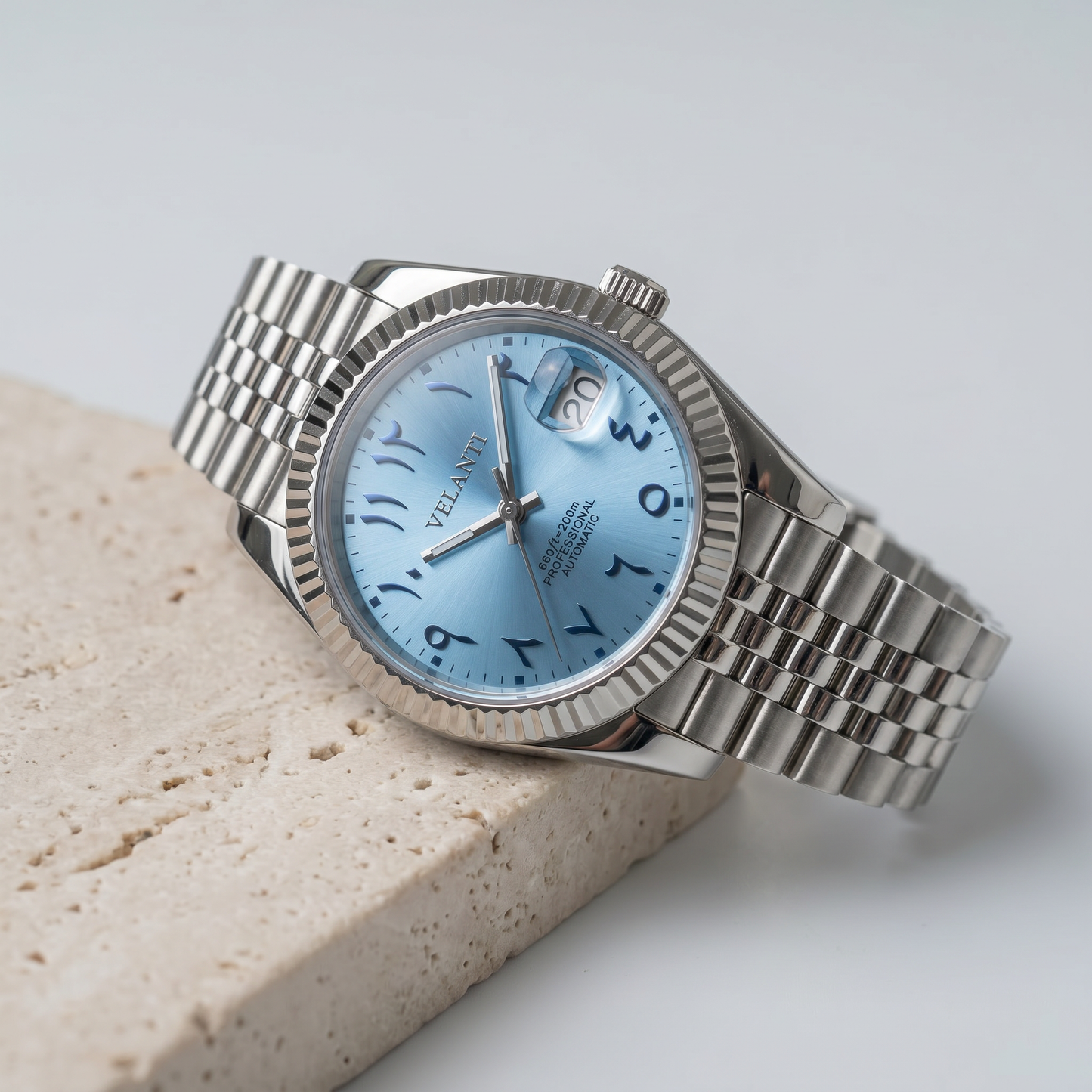 Datejust-style custom mod watch, Velanti Milano Veljust Ice Blue Arabic, product photo 4