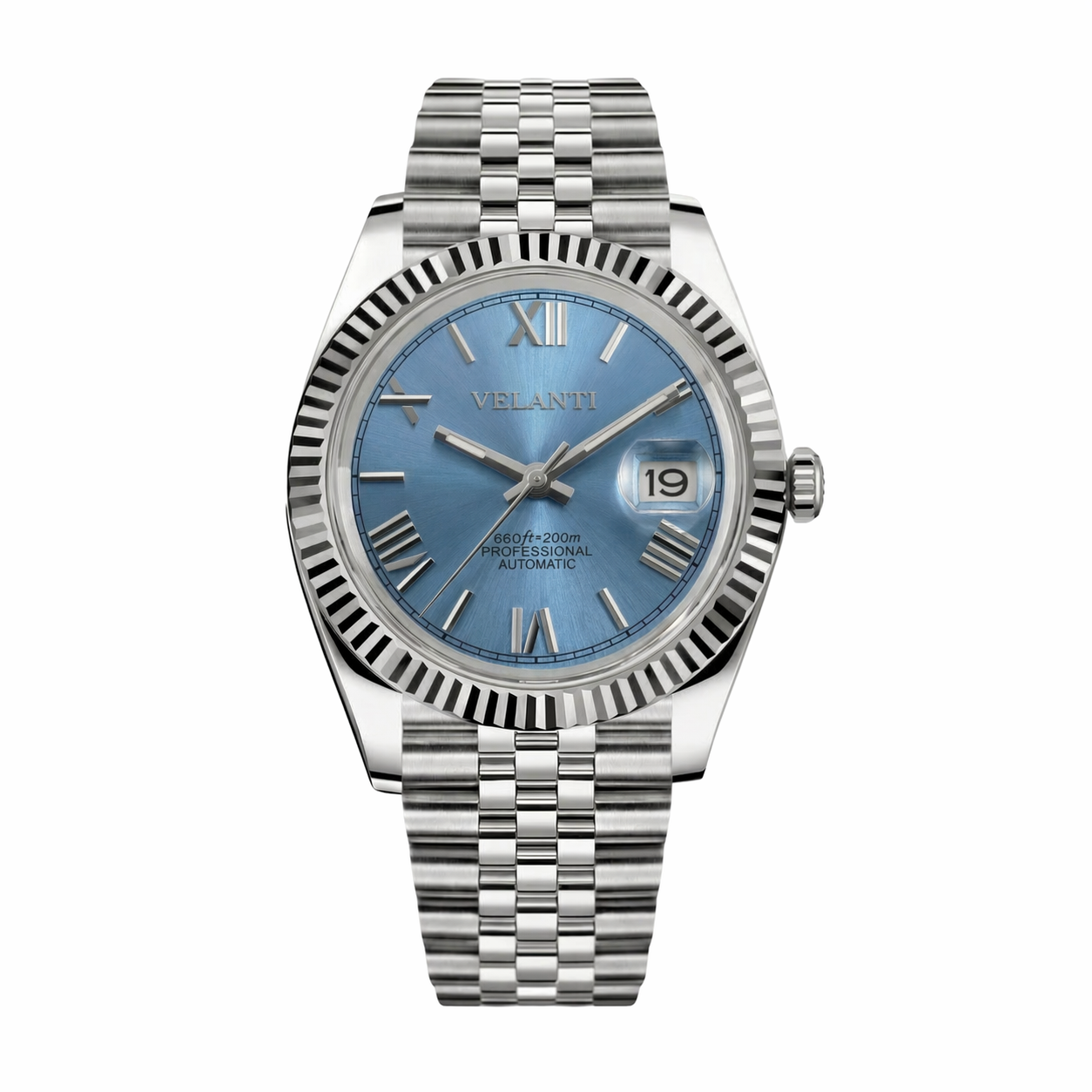 Datejust-style custom mod watch, Velanti Milano Veljust Ice Blue Roman, main product photo