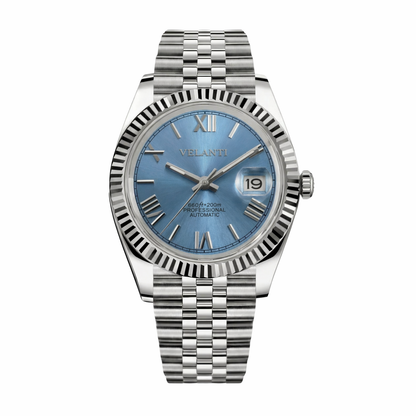 Datejust-style custom mod watch, Velanti Milano Veljust Ice Blue Roman, main product photo