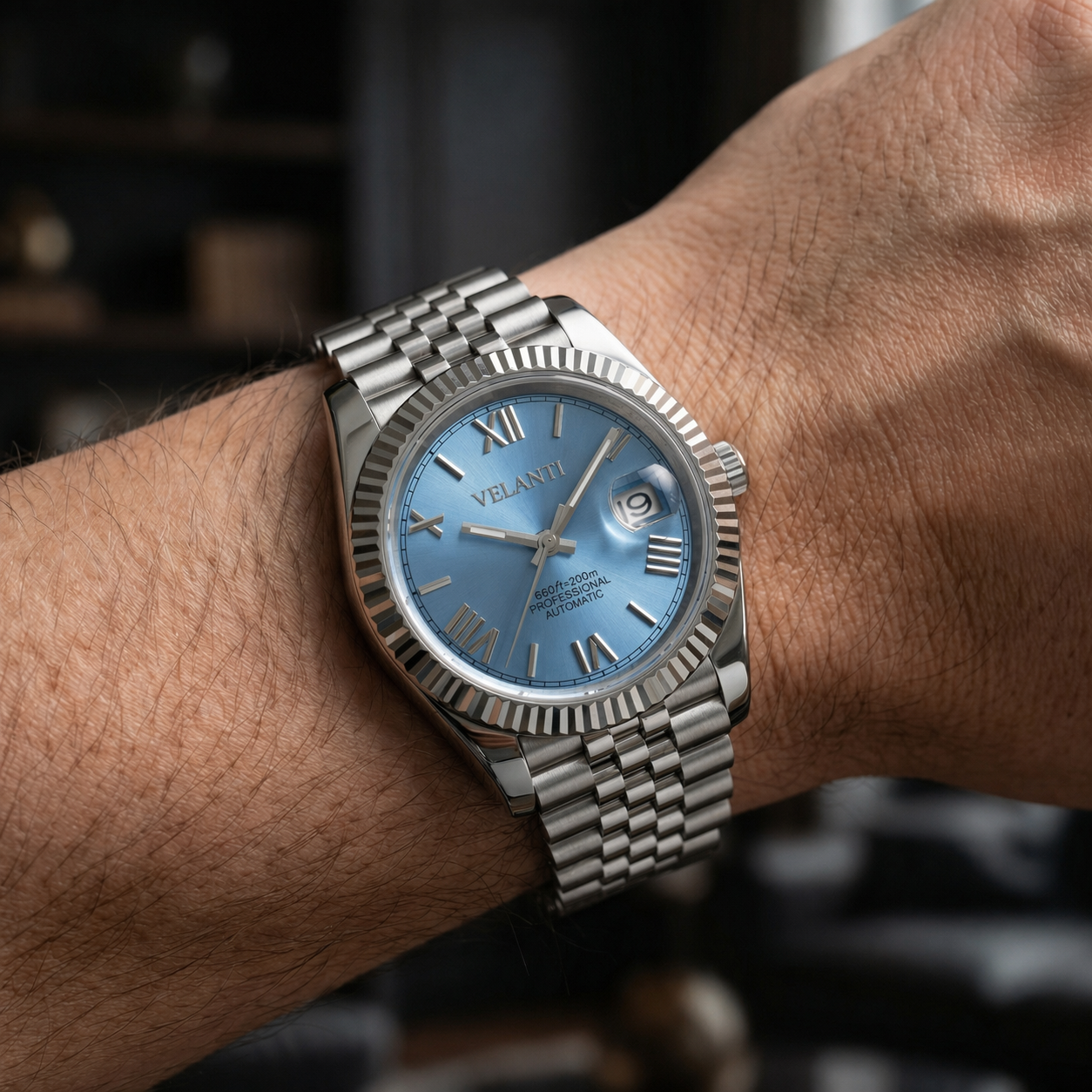 Datejust-style custom mod watch, Velanti Milano Veljust Ice Blue Roman, product photo 4