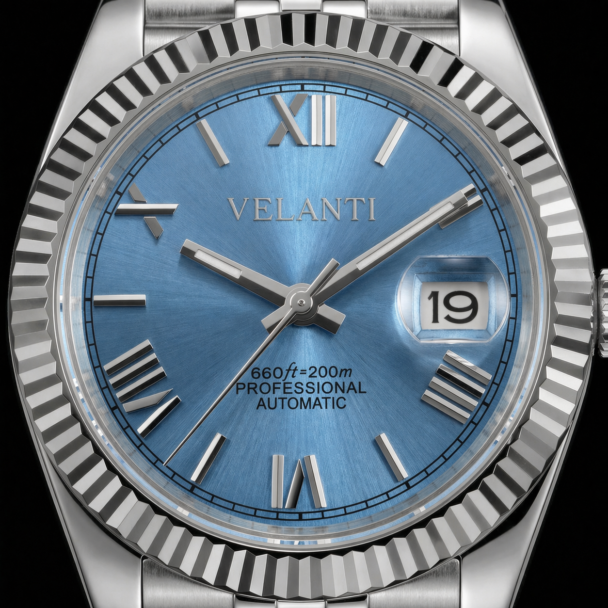 Datejust-style custom mod watch, Velanti Milano Veljust Ice Blue Roman, product photo 5