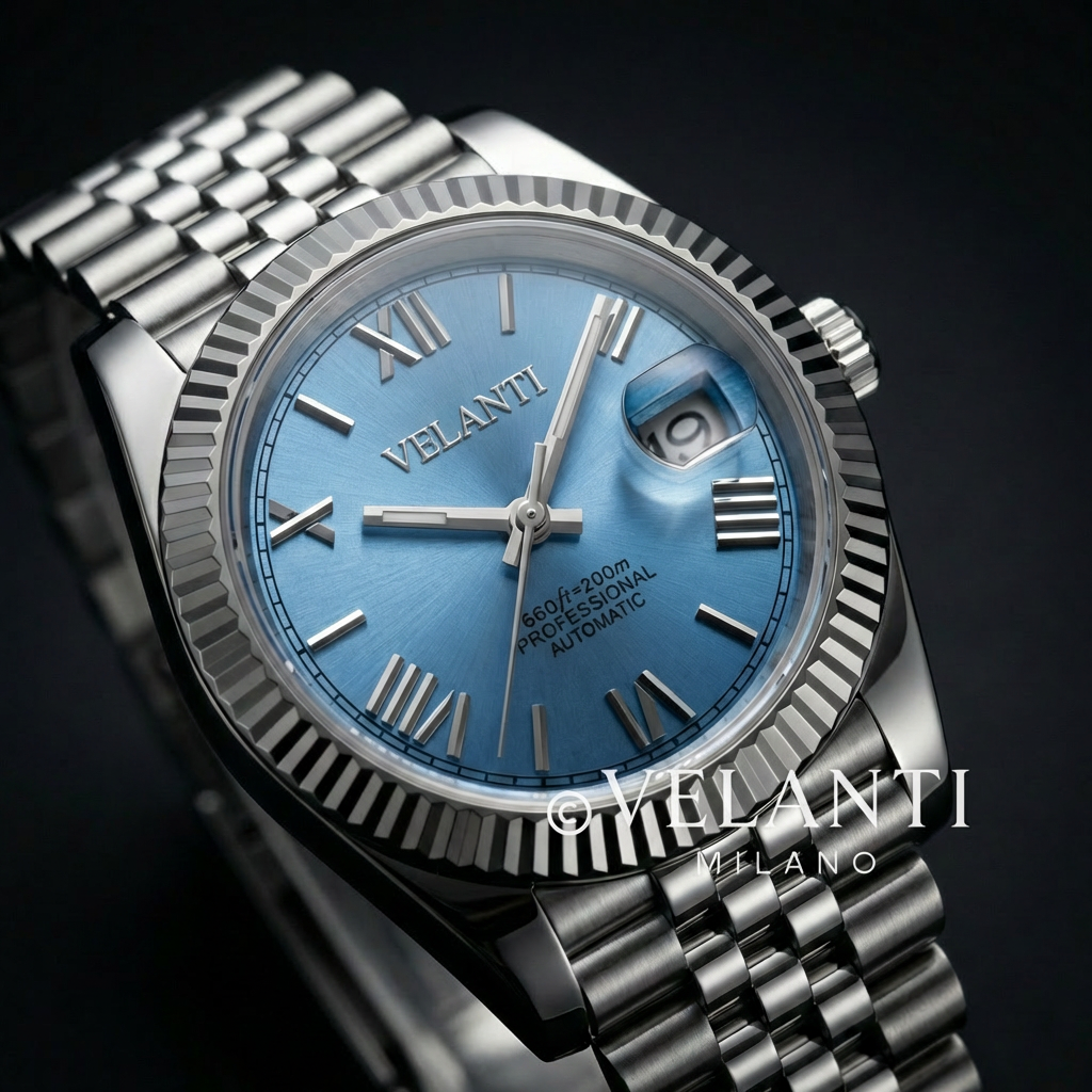 Datejust-style custom mod watch, Velanti Milano Veljust Ice Blue Roman, product photo 6