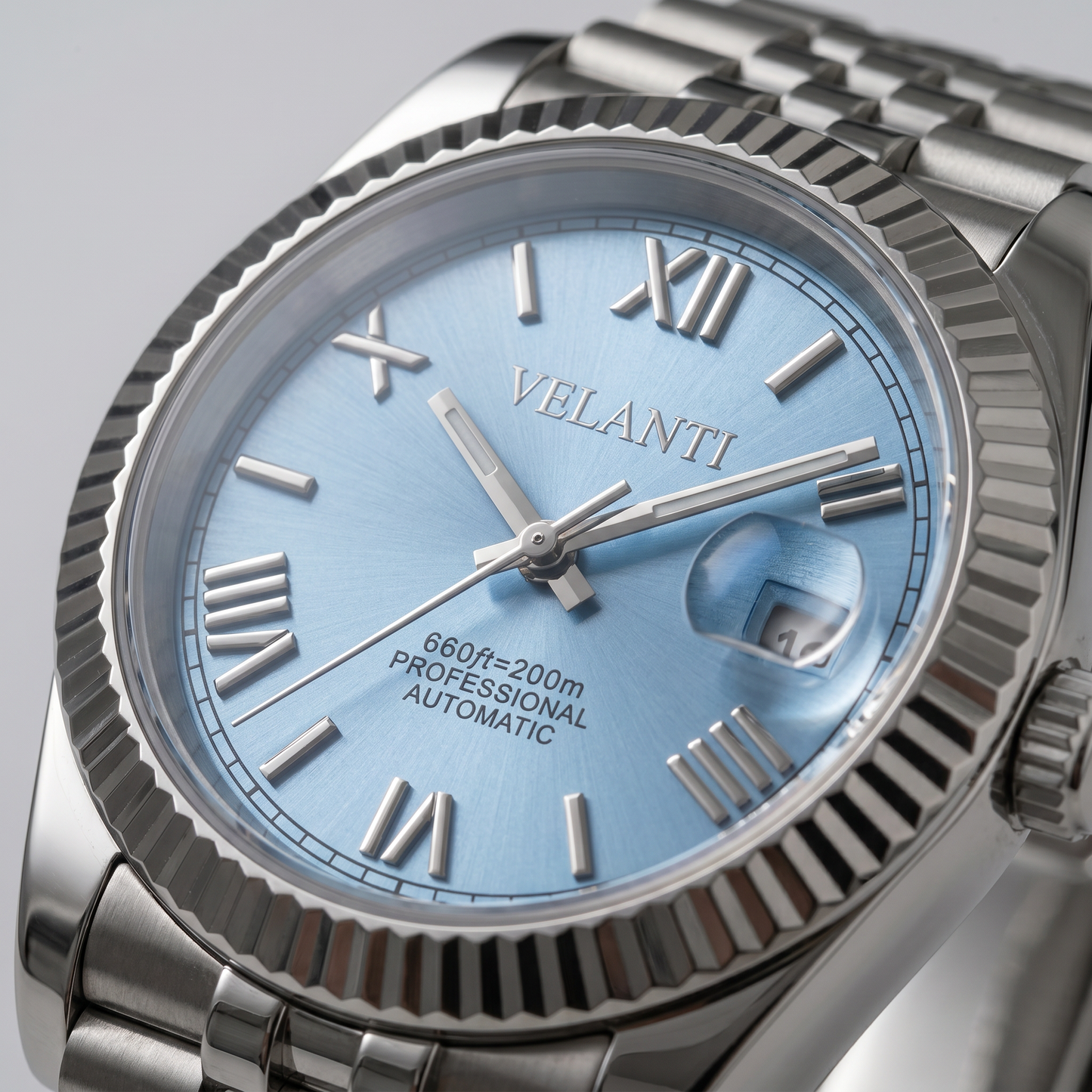 Datejust-style custom mod watch, Velanti Milano Veljust Ice Blue Roman, product photo 3