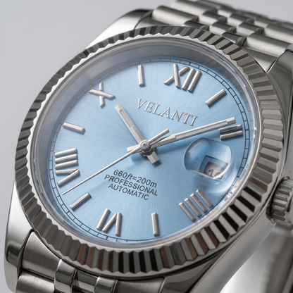 Datejust-style custom mod watch, Velanti Milano Veljust Ice Blue Roman, product photo 3