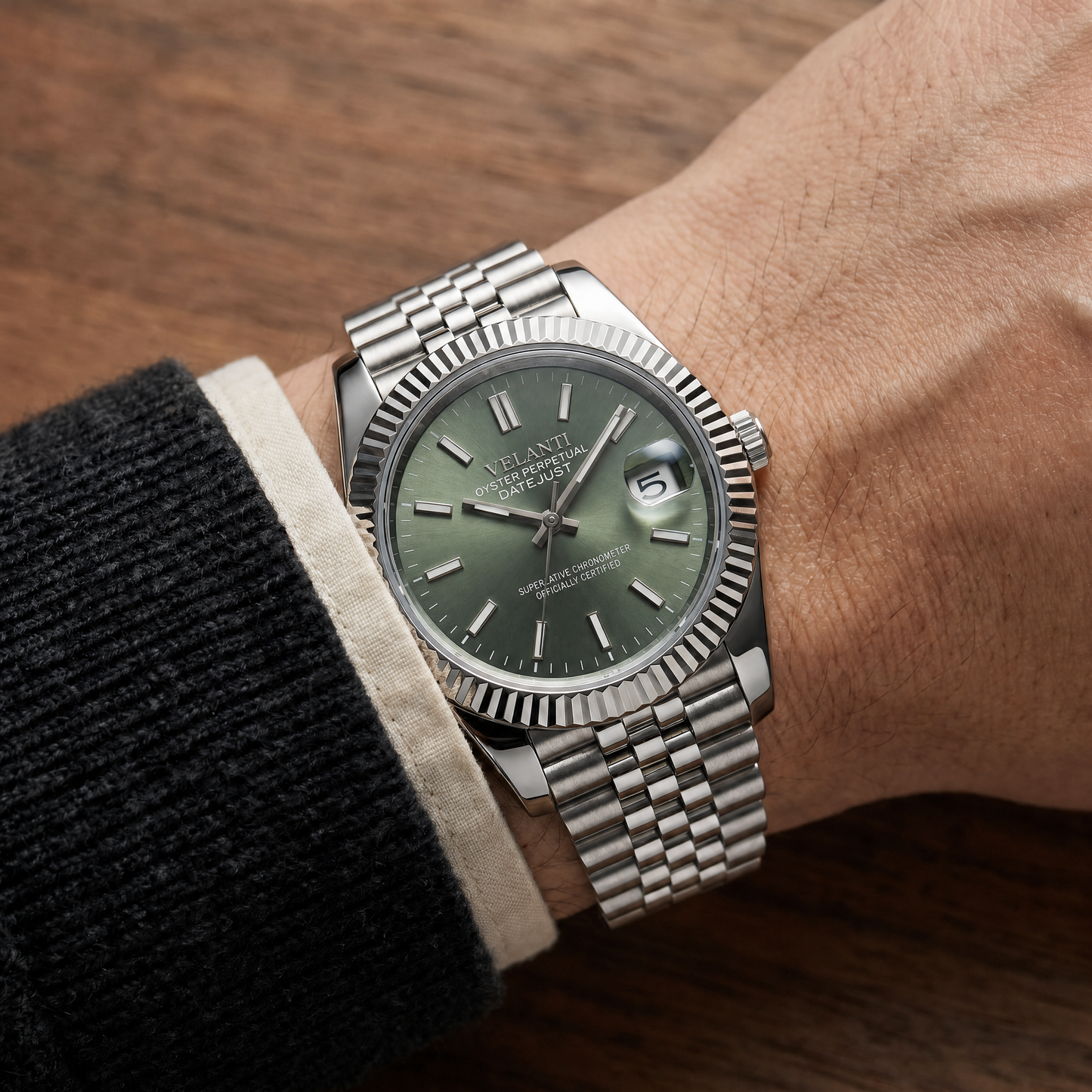 Datejust-style custom mod watch, Velanti Milano Veljust Mint Green, product photo 7