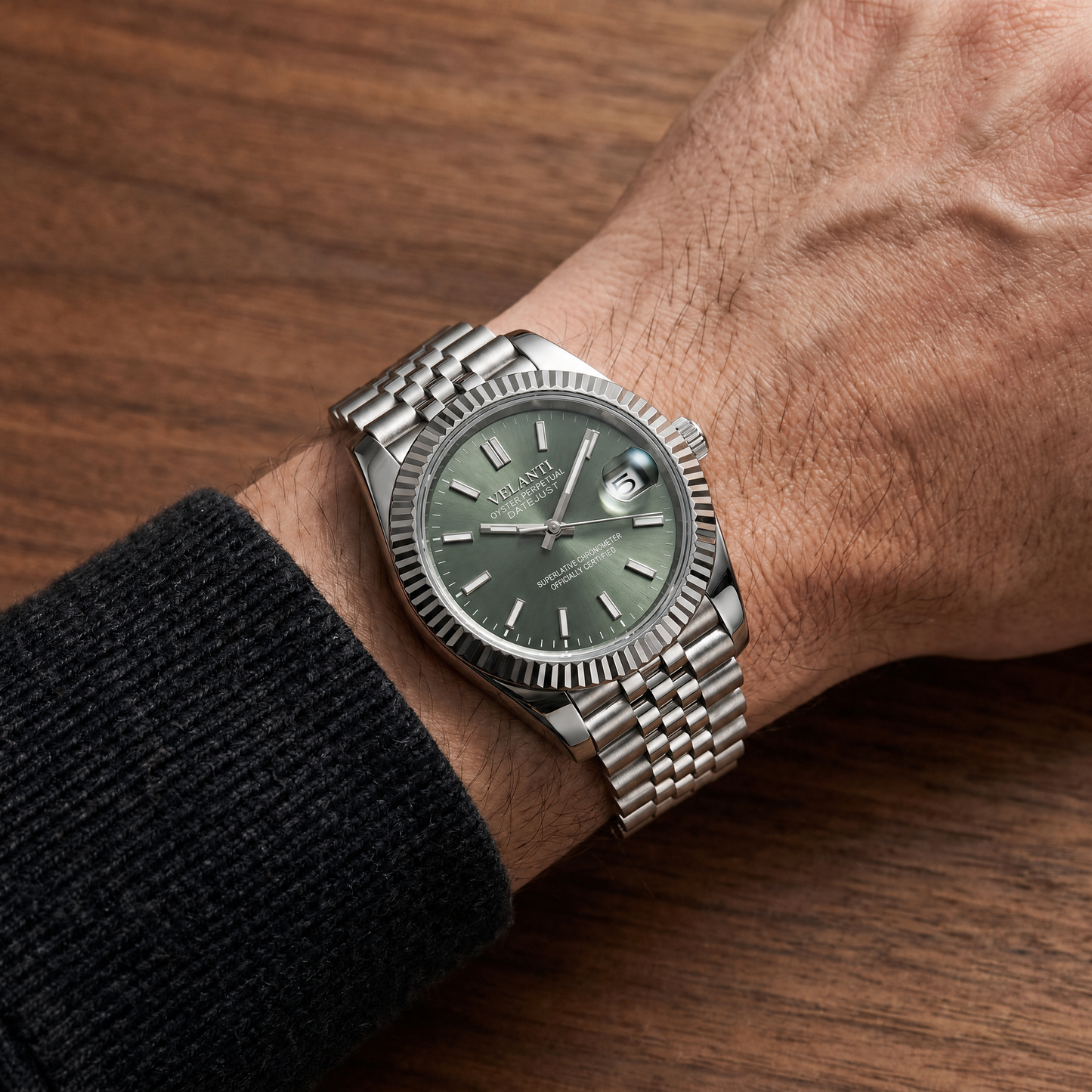 Datejust-style custom mod watch, Velanti Milano Veljust Mint Green worn on wrist photo 8