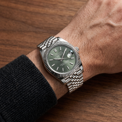 Datejust-style custom mod watch, Velanti Milano Veljust Mint Green worn on wrist photo 8