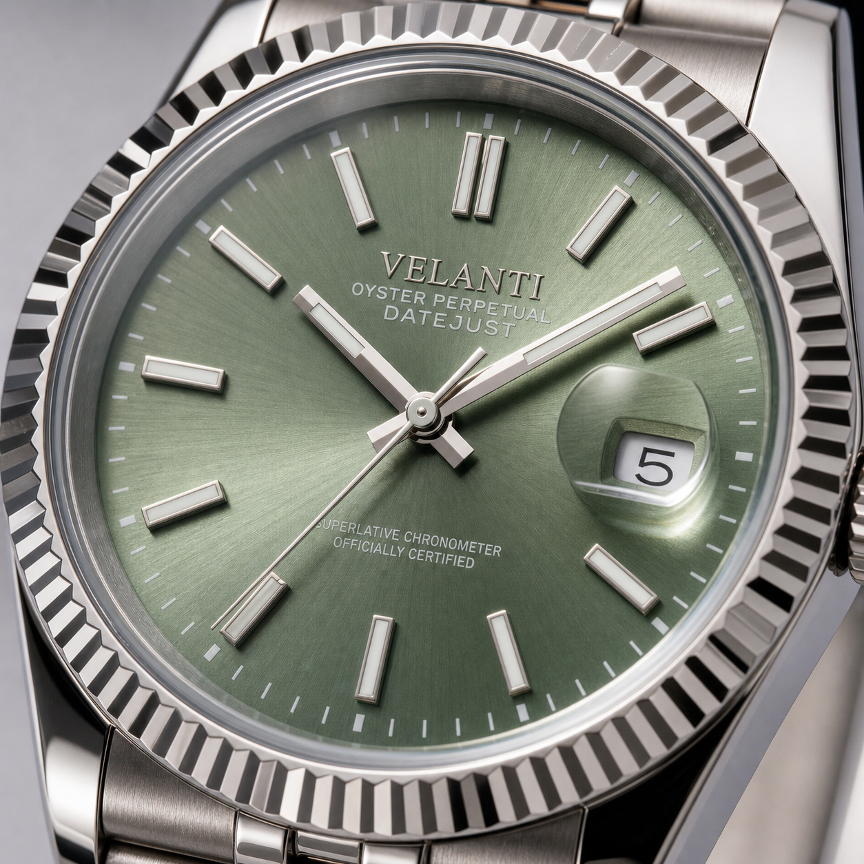 Datejust-style custom automatic watch, Velanti Milano Veljust Mint Green, dial close-up