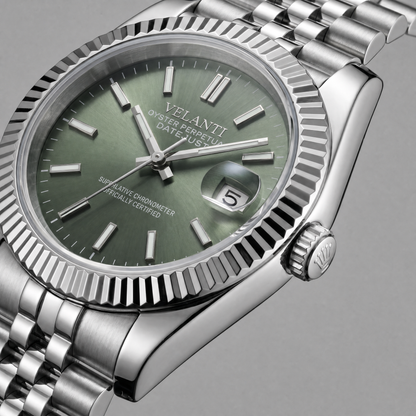 Datejust-style custom automatic watch, Velanti Milano Veljust Mint Green, watch detail photo